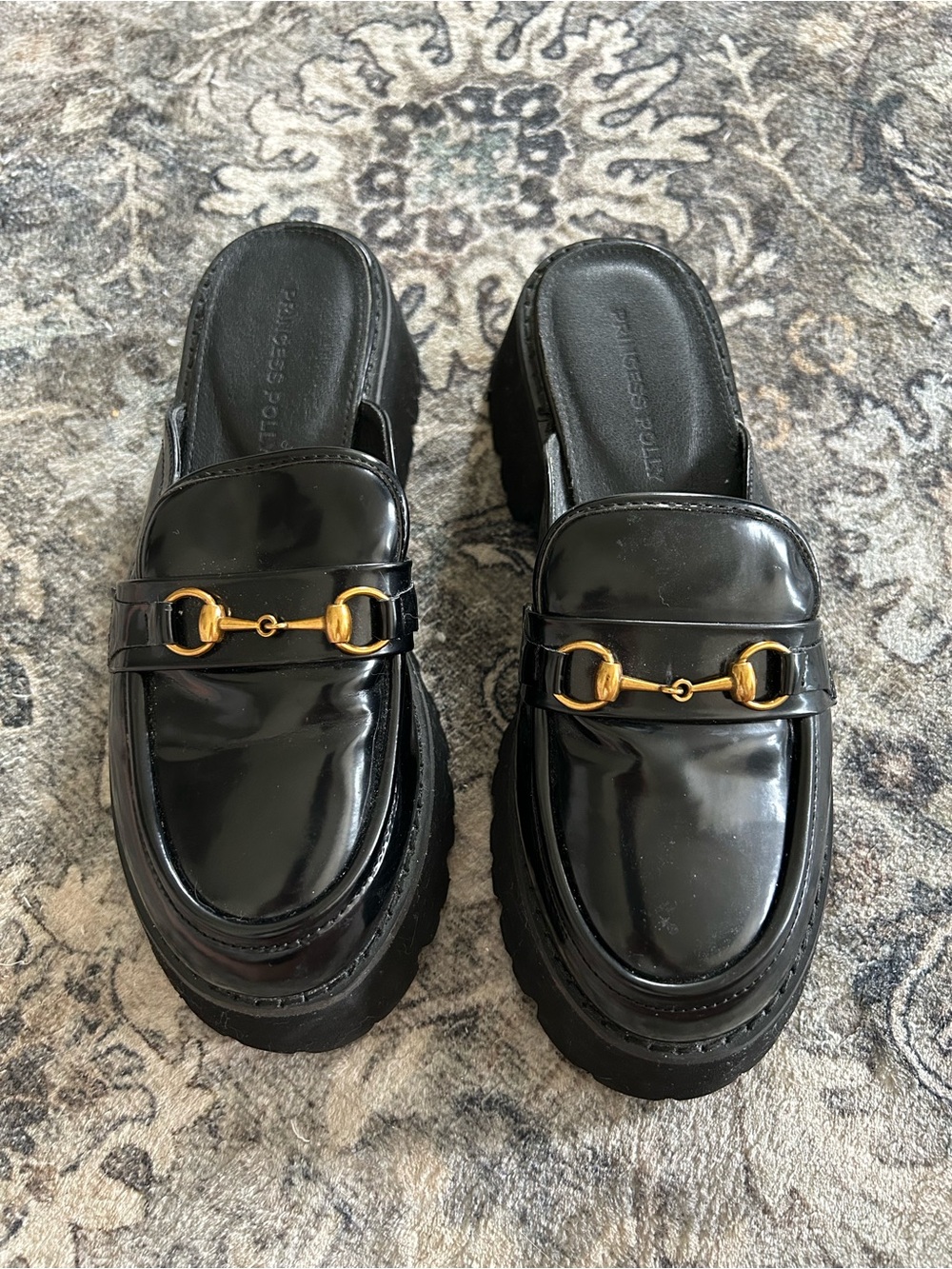 Princess Polly Black Chunky Loafer Mules – Gold Horsebit Detail